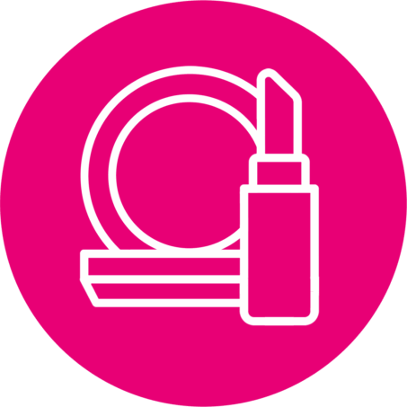 Icon of makeup items including a compact powder and a lipstick, on a pink circular background, which it represents Make Up