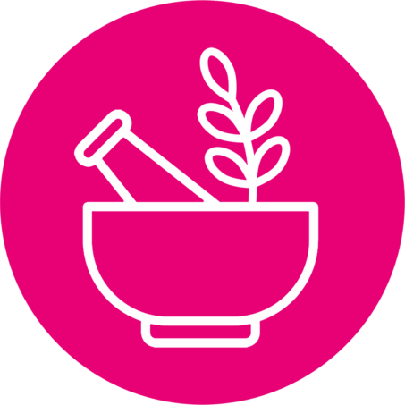 Icon of a mortar and pestle with a plant sprig, representing natural or herbal ingredients, on a pink circular background, which it represents Raw materials for medical devices