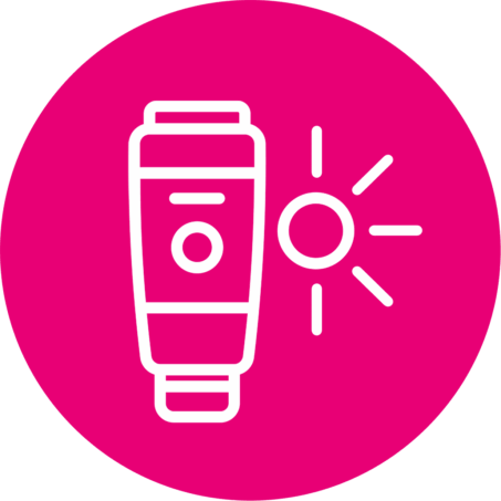 Icon of a sunscreen tube next to a sun symbol, representing sun protection or SPF product, on a pink circular background, which it represents Sunscreens