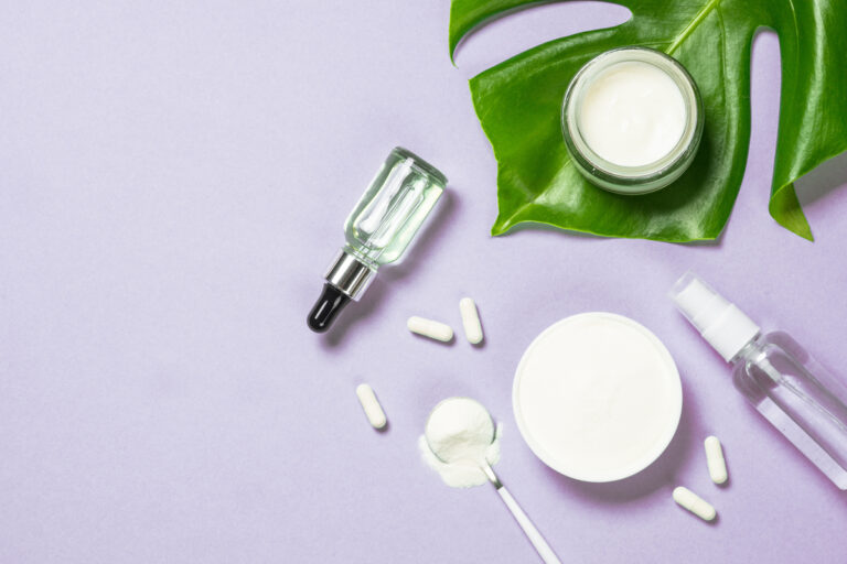 Natural skincare products with serum, cream, supplements and botanical ingredients for antioxidant skin care