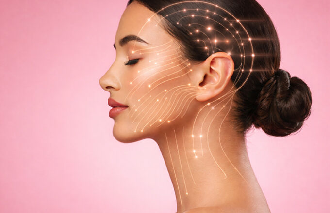 Image of a woman in profile with radiant skin and harmonious features, set against a pink background, enhanced by luminous digital lines tracing the contours of the face and neck—symbol of the blog article dedicated to neurocosmetics, where cosmetics and neuroscience begin to speak the same language within the Cosmetic & Medical Device business unit of Lifeanalytics