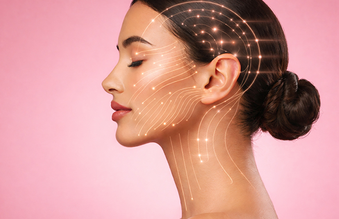Image of a woman in profile with radiant skin and harmonious features, set against a pink background, enhanced by luminous digital lines tracing the contours of the face and neck—symbol of the blog article dedicated to neurocosmetics, where cosmetics and neuroscience begin to speak the same language within the Cosmetic & Medical Device business unit of Lifeanalytics
