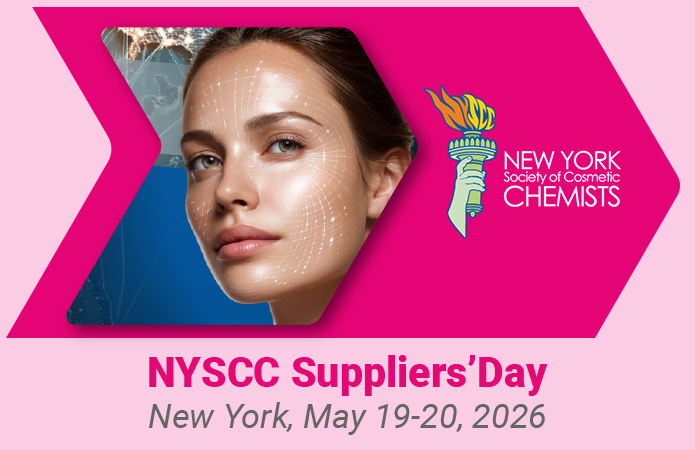 Banner for NYSCC Suppliers’ Day 2026 featuring a beauty model with digital skin analysis graphics and New York Society of Cosmetic Chemists branding.