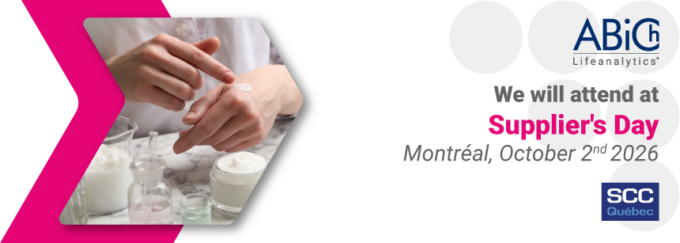 Banner promoting the ABiG Québec Suppliers' Day in Montréal on October 2, 2025, featuring a person applying cosmetic cream and the SCC Québec logo.